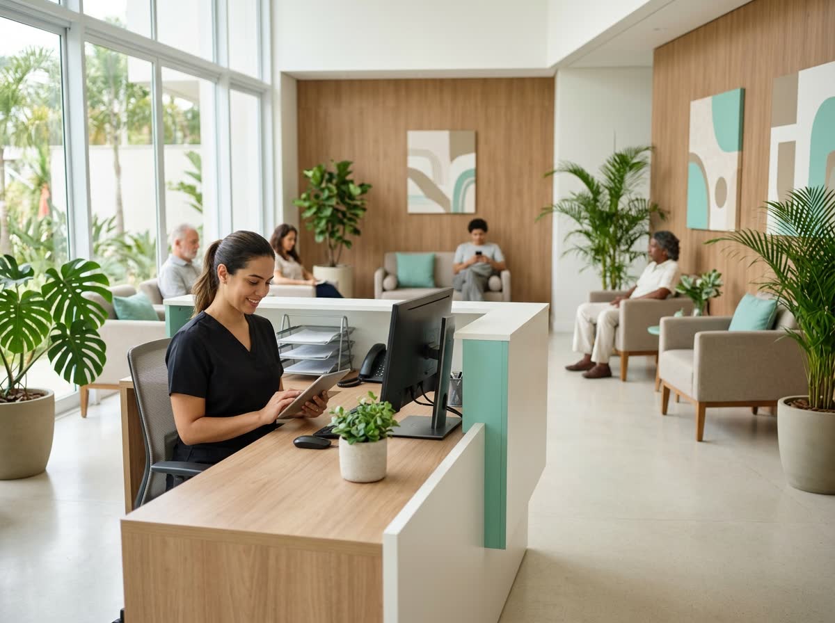 Recepção de consultório clara e tranquila, com pacientes aguardando atendimento